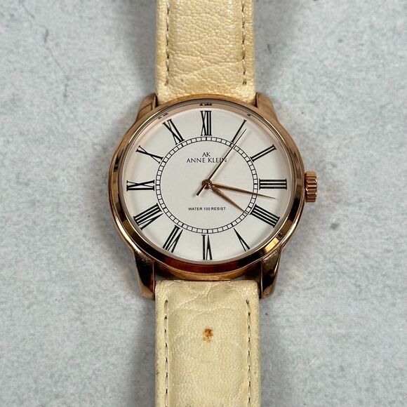 Anne Klein Watch Womens 36mm Gold Tone Beige Leather Band Classic New Battery - Picture 4 of 13